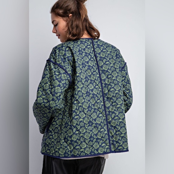156. EASEL 🛑 COST green quilted oversize floral flower coat jacket green Spring - Picture 4 of 5
